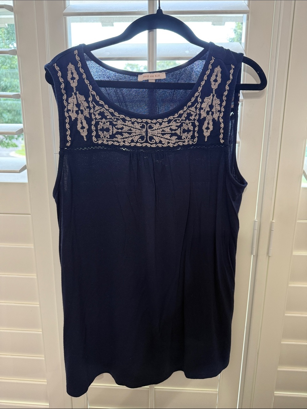 Skies Are Blue Navy Tank with White Embroidered Yoke